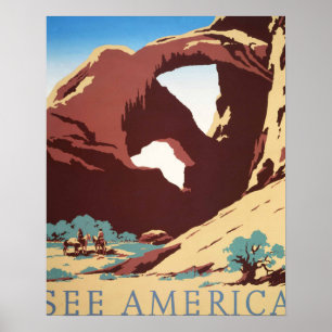 Póster Retro Ver América Western Vaqueros Desierto Arco W