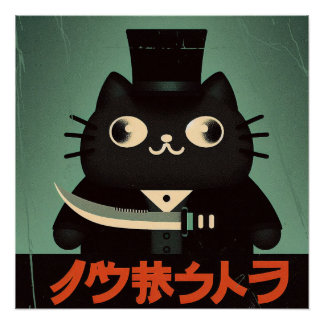Póster Retro Vintage Black Cat with Suit and Knife Japan