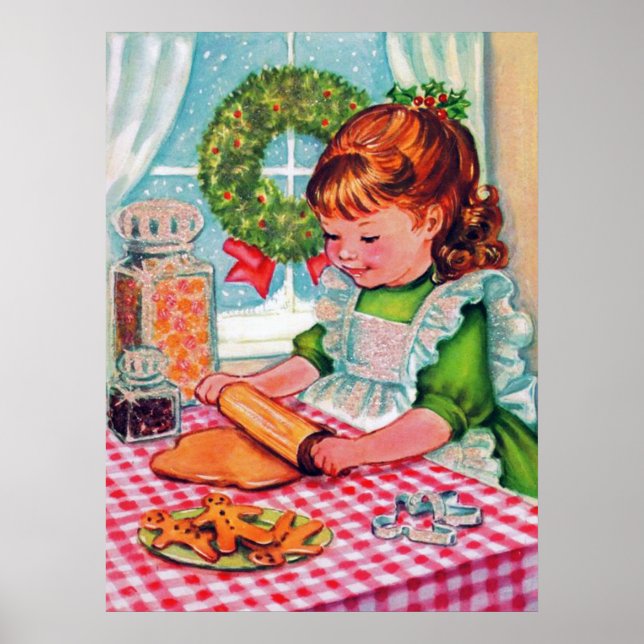 Póster Retro vintage Christmas girl baking Holiday poster (Frente)
