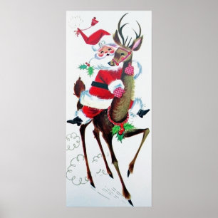 Póster Retro vintage Christmas Santa reindeer poster