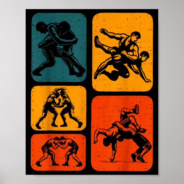 Póster Retro Vintage Wrestling Silhouette Wrestler Men Wo (Frente)