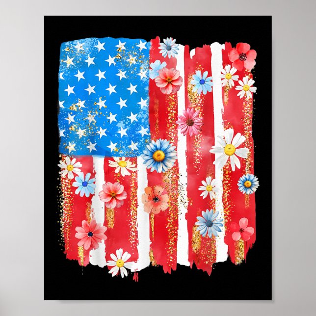 Póster Retro Wildflower American Flag Women 4th Of July P (Frente)
