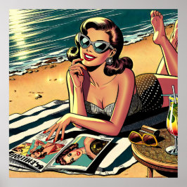 Póster Retro Woman en la playa leyendo una revista de mod