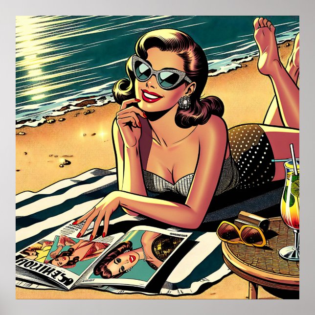 Póster Retro Woman en la playa leyendo una revista de mod (Frente)