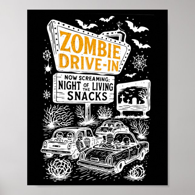 Póster Retro Zombie Drive En Skeleton Movie Night Hotel H (Frente)