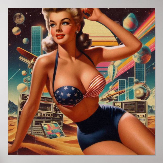 Póster Retrofuturismo Pin-up Lindo (Frente)