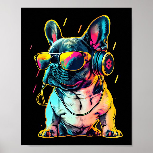 Póster Retrowave French Bulldog with Headphones and Sungl (Frente)