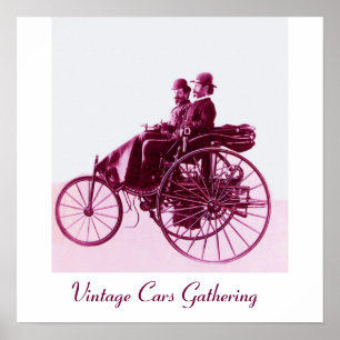 Póster Reunión de Coches Antiguos, rosa morado blanco