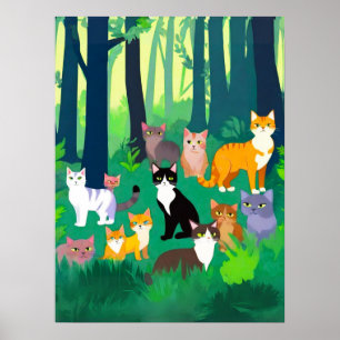 Póster Reunión de gatos en un oscuro bosque