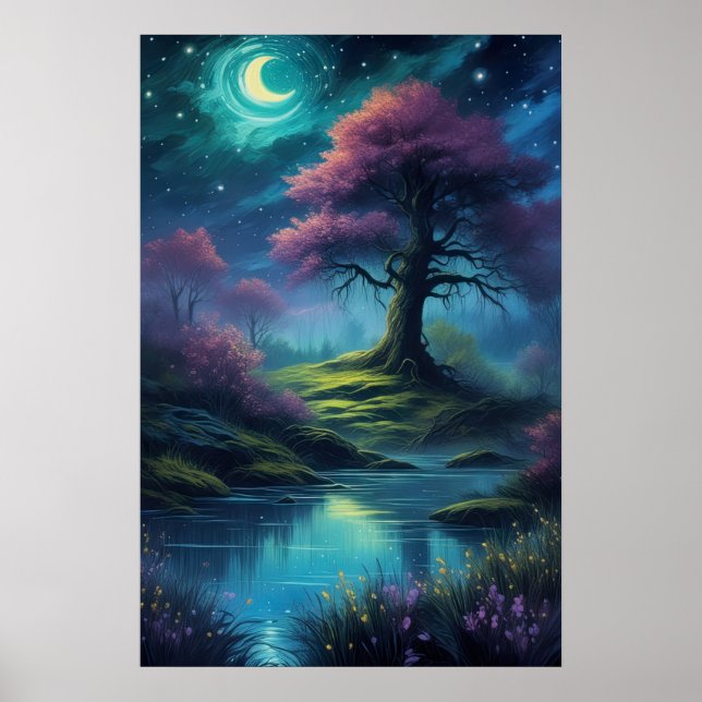 Póster Reveridad iluminada por luna, árbol majestuoso (Frente)