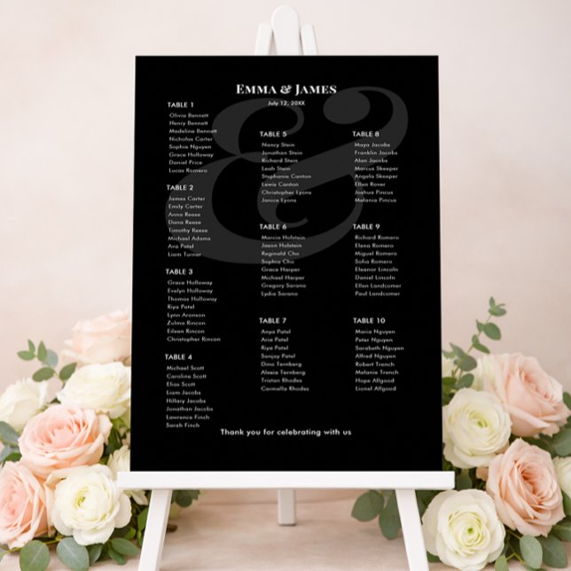 Póster REVERSE Black Ampersand Boda | Gráfico de Asientos (Minimalist black wedding seating chart for 12 with white text and modern ampersand layout.)