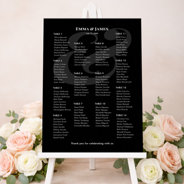 Póster REVERSE Bodas con Ampersand Negro | Gráfico de Asi (Minimalist black wedding seating chart for 14 with white text and modern ampersand layout.)