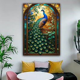 Póster Revival Nouveau Antiguo Ventana de Pavo Real