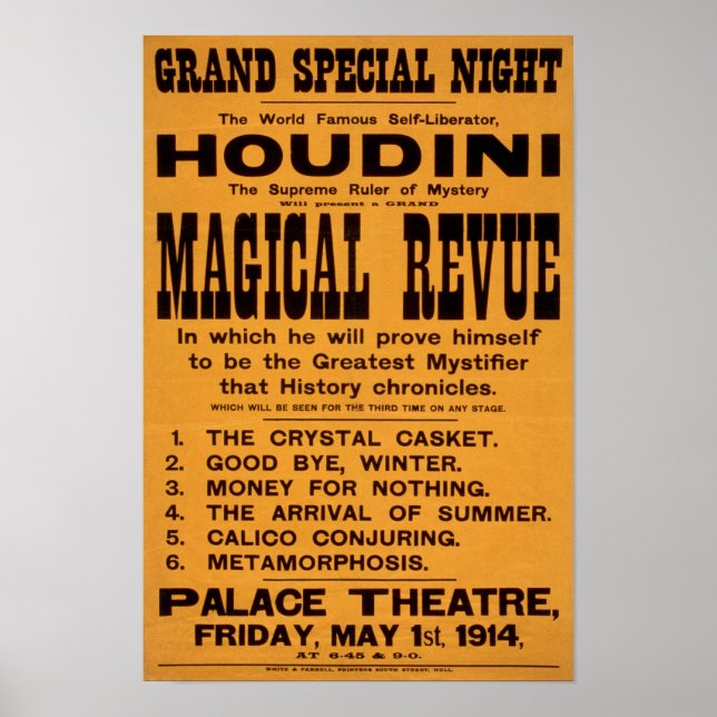 Póster Revue mágica de Houdini, 1914. Publicidad de época (Frente)