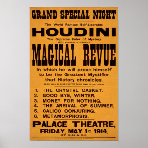 Póster Revue mágica de Houdini, 1914. Publicidad del