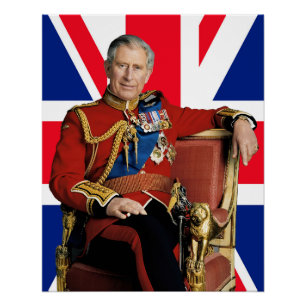 Póster Rey Carlos III con bandera británica