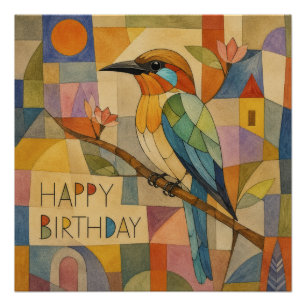 Póster Rey Martín Pescador Cubista de Cumpleaños Arte Abs