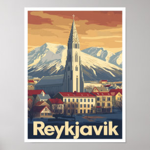 Póster Reykjavik Ilustracion de viajes artístico vintage