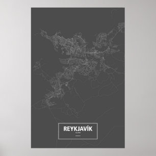 Póster Reykjavik, Islandia (blanco sobre negro)