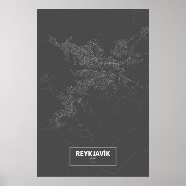 Póster Reykjavik, Islandia (blanco sobre negro) (Frente)
