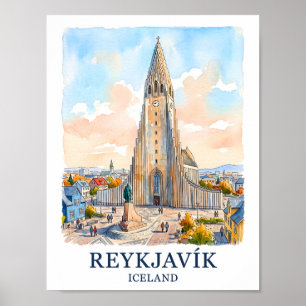 Póster Reykjavik Islandia Iglesia Acuarela Silueta Viajes