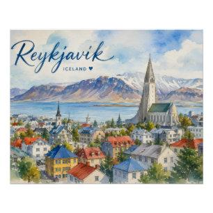 Póster Reykjavik Islandia recuerdo acuarela