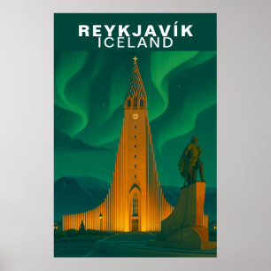 Póster Reykjavík Vintage, Islandia Aurora Borealis
