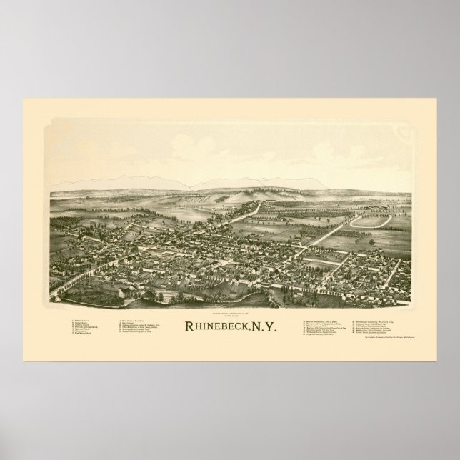 Póster Rhinebeck, Mapa Panorámico NY - 1890 (Frente)