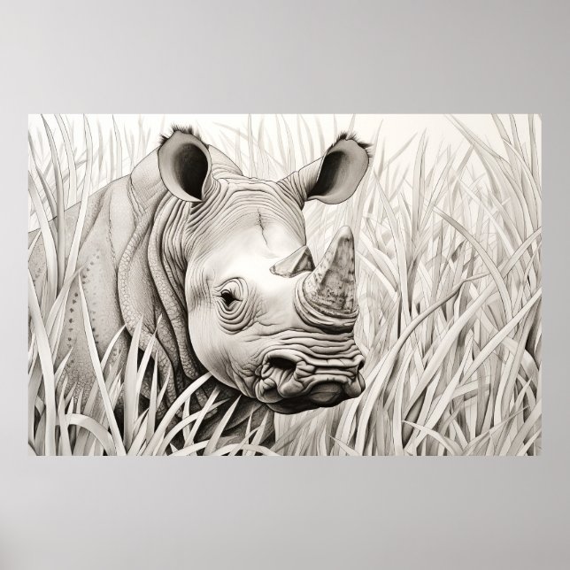 Póster Rhinoceros Dibujo de la Prairie Natural Pacífica (Frente)