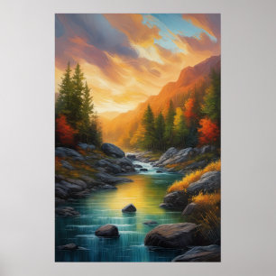 Póster Riberas rocosas y bosque otoñal al atardecer