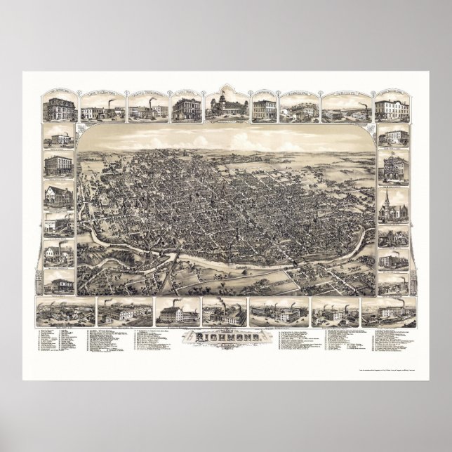 Póster Richmond, EN mapa panorámico - 1884 (Frente)