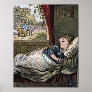 Póster Ricitos de Oro dormida en la cama del pequeño oso