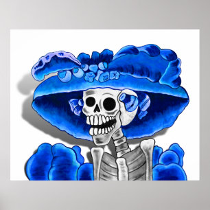 Póster Ríe mujer esqueleto en bonnet azul