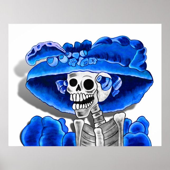 Póster Ríe mujer esqueleto en bonnet azul (Frente)