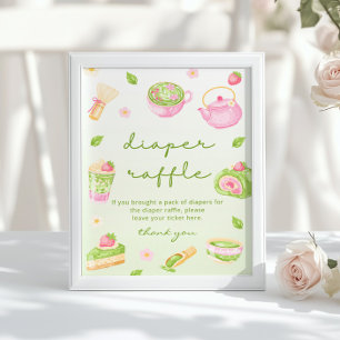 Póster Rifa de pañales Té Matcha Rosa Baby Shower