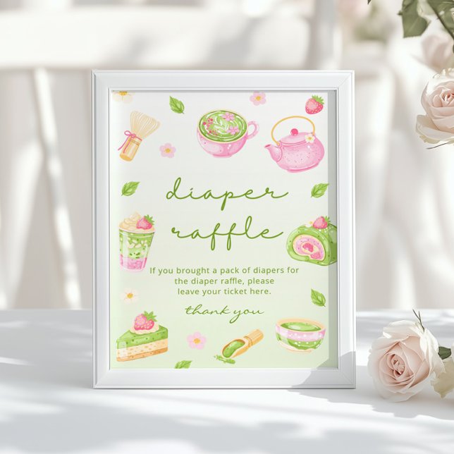 Póster Rifa de pañales Té Matcha Rosa Baby Shower (Subido por el creador)