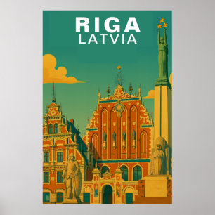 Póster Riga Vintage, Letonia Paisaje Urbano Báltico Retro