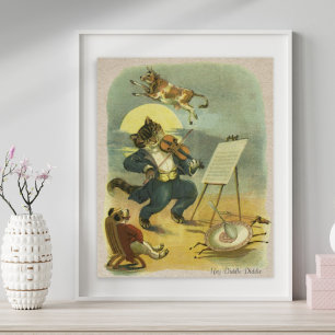Póster Rima Infantil Antigua Hey Diddle Diddle Restaurada