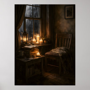 Póster Rincón de lectura acogedor con velas y estética ac