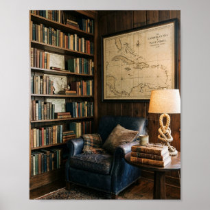 Póster Rincón de lectura náutico acogedor mapa del Mar Ca