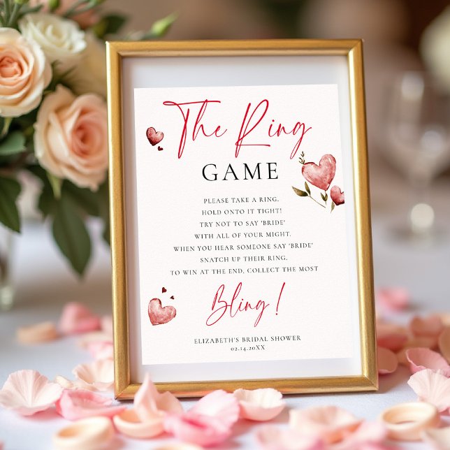 Póster Ring Game Valentine Bridal Shower Game Watercolor (valentine bridal shower game ring brunch bubbly watercolor hearts showered with love)