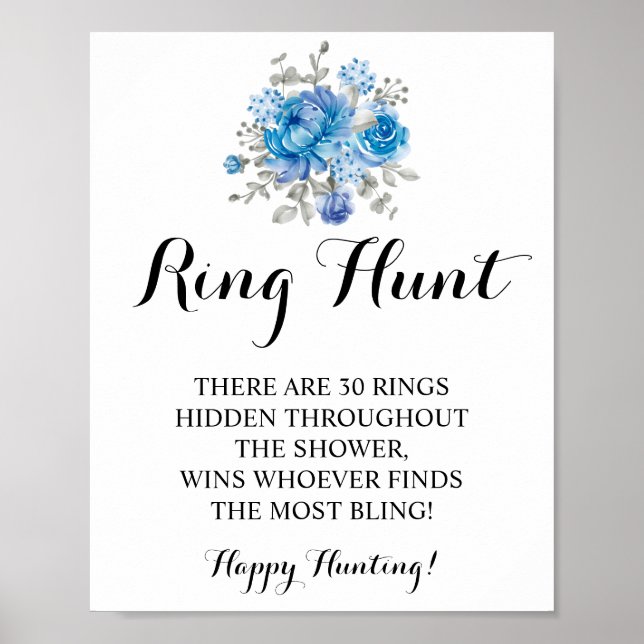 Póster Ring Hunt Blue Flower Bridal Shower Game Rótulo (Frente)