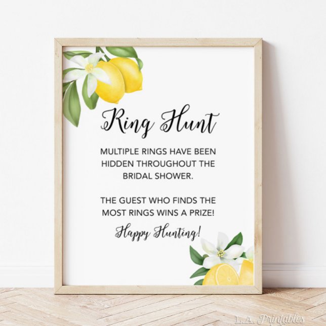 Póster Ring Hunt Lemon Citrus Bridal Shower Game Rótulo (Ring Hunt Bridal Shower Game Sign, Lemon Citrus Theme)