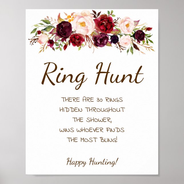 Póster Ring Hunt Marsala Flores Bridal Shower Game Rótulo (Frente)
