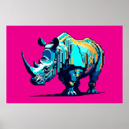 Póster Rinoceronte Retro de 8 Bits en Pixel Art Sala de J