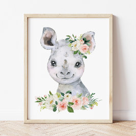 Póster Rinoceronte, safari, jungla, flores rosadas, guard