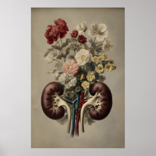 Póster Riñón humano con estampado de flores, anatomía boh
