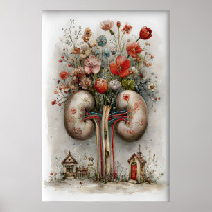 Póster Riñón Humano Con Estampado De Flores, Pintura De A