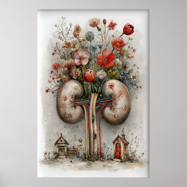 Póster Riñón Humano Con Estampado De Flores, Pintura De A (Frente)
