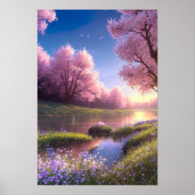 Póster Río abrazado por flores moradas (Frente)